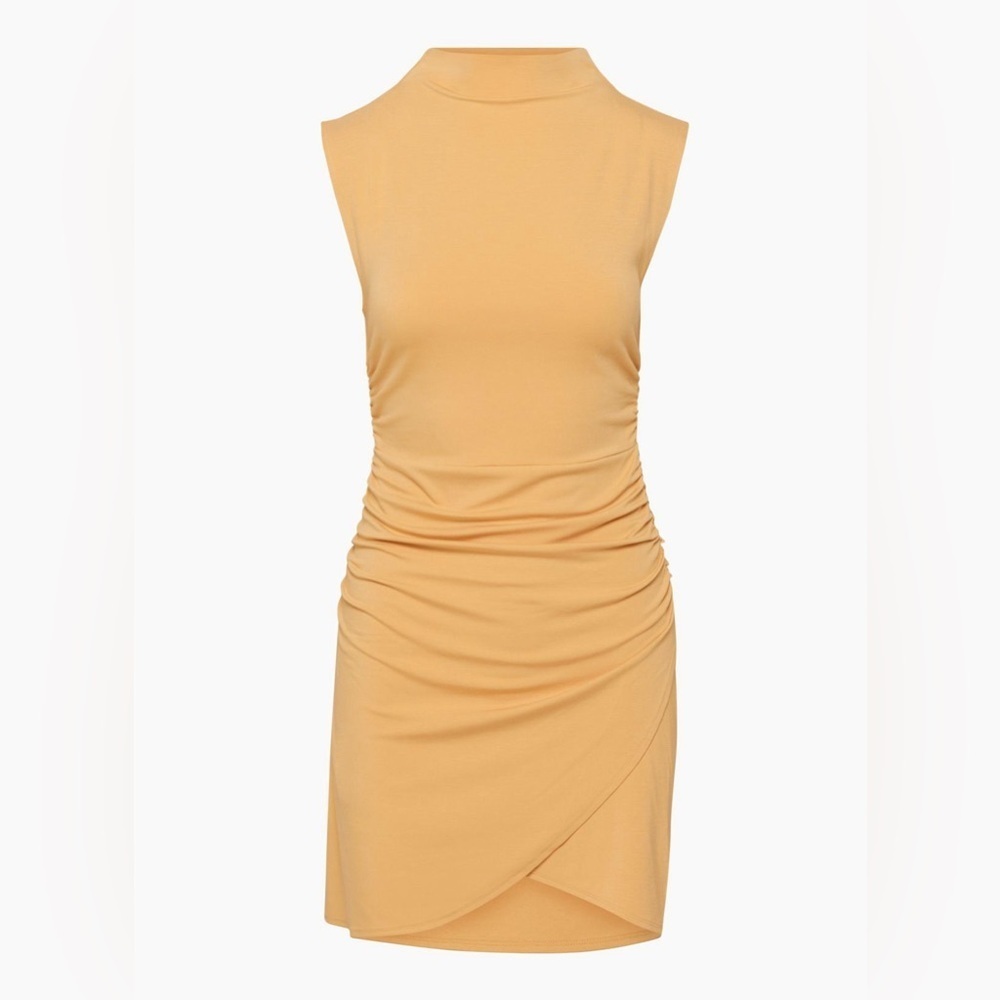 WILFRED Aritzia Boulevard Mini Dress Yellow Ruched Party Bodycon Size S Fitted - Picture 5 of 12
